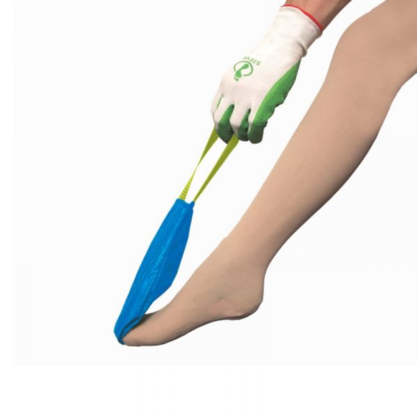 gloved hand pulls donning aid Steve Glide Dolphin out of stocking from open toe side of compression stocking