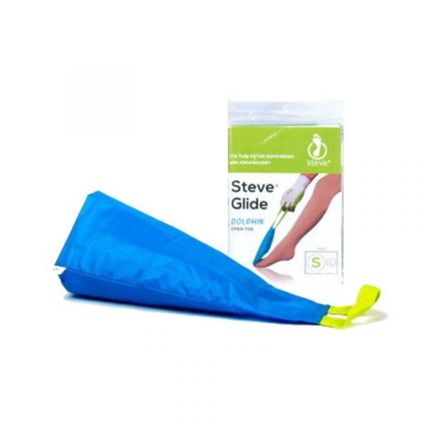 blue donning aid for compression stockings steve glide dolphin with green handle next to its packaging